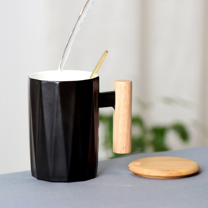 Wooden handle ceramic coffee mug,literary teacup Office Coffee Milk Cup Nordic Small Fresh Hand Ceramic Cup Drinkware gift 400ml